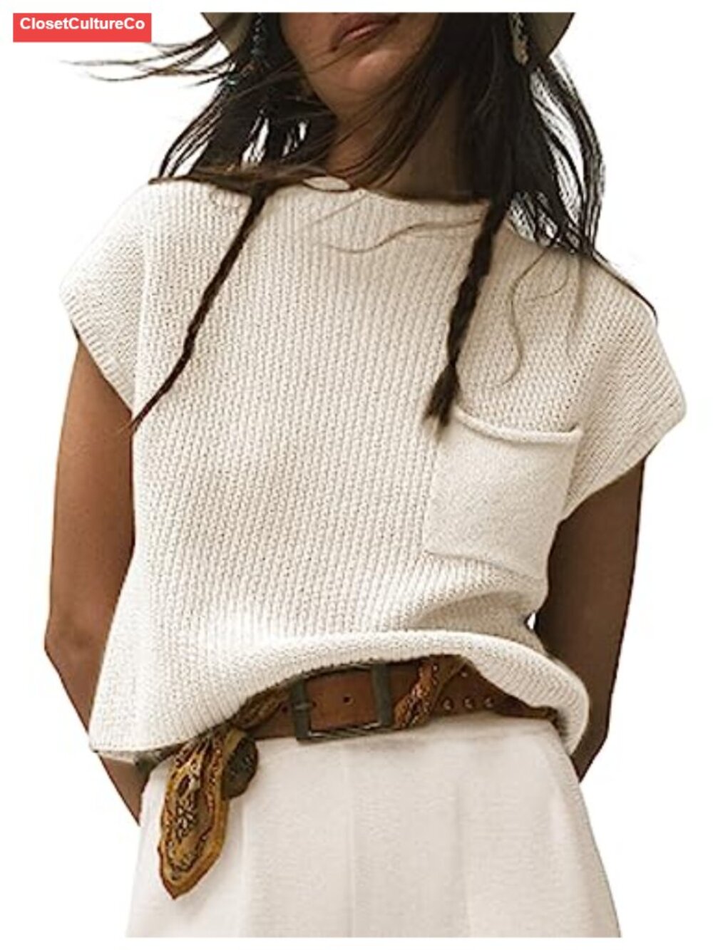 Viscose Knit Mock Neck Cap Sleeve Sweater Vest Boxy Fit